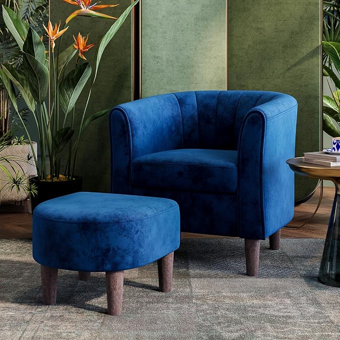 LINSY Accent Chair with Ottoman, Modern Barrel Chair Comfy Armchair Reading Chair with Footrest, Round Arms Chair for Living Room Bedroom Reading Room, Velvet, Blue