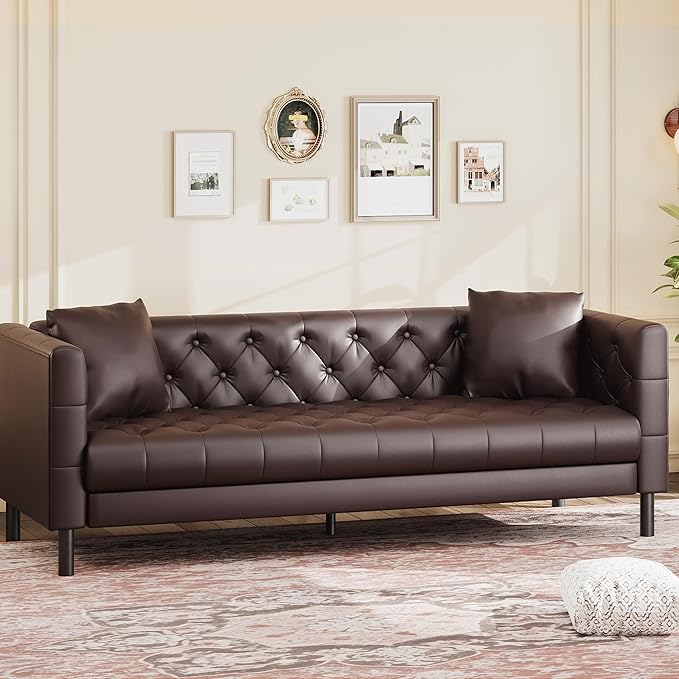 IDEALHOUSE Mid Century Modern Sofa 81 inch, Faux Leather Sofa 3 Seater, Apartment Sofa for Living Room, Chesterfield Tufted Couch with Deep Seats and 2 Pillows, Sectional Style Couch, Dark Brown