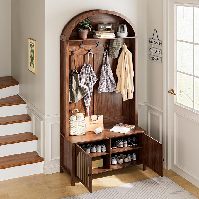 Hall Tree with Bench and Shoe Storage, Entryway Storage Bench with Coat Rack, 78.74" Coat Rack with 7 Hooks and Adjustable Shelves, Farmhouse Style Furniture Organizer for Hallway (Walnut, 78.74"H) - Image 5