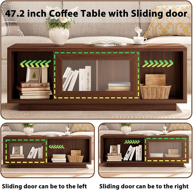 HSH Coffee Table for Living Room, Long Rectangle Coffee Table with Storage, Farmhouse Wood Low Coffee Tables, 2-Tier Wood Desktop Center Tea Table with Open Shelf, Walnut