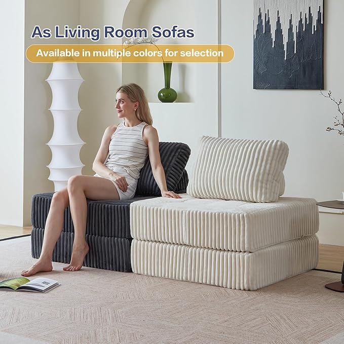 Convertible Floor Chair Bed, Foldable Foam Sofa Mattress with Support Pillow, Lightweight Single Fold Out Sleeper for Apartments, Dorms (Beige, Corduroy)