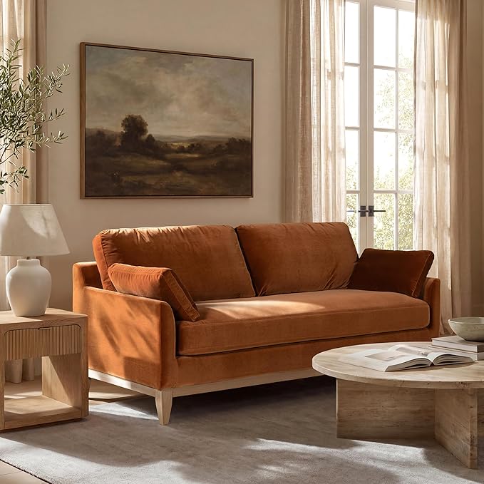 Jennifer Taylor Home Pasadena 75.5" Modern Living Room Farmhouse Performance Velvet Compact Sofa/Couch in Burnt Orange