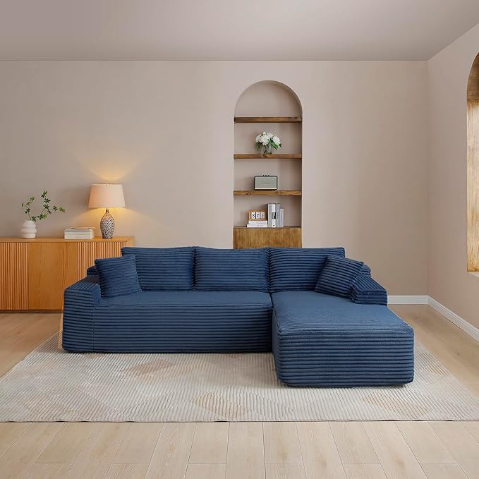 105-Inch L-Shaped Right Facing Corner Compressed Sofa Modular Sectional Boneless Cloud Sofa Floor Foam Couch with Chaise Lounge, Corduroy Corner Boneless Cloud Couch