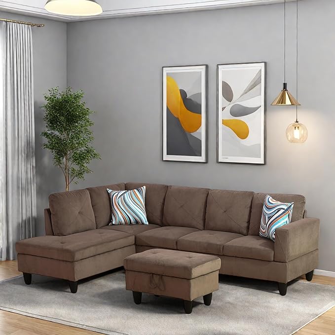 FONTOI L Shaped Sectional Couches, Modern Modular Sectional Sofa for Living Room Bedroom Furniture, Comfy 4 Seat Couch with Ottoman Storage & Chaise, Brown