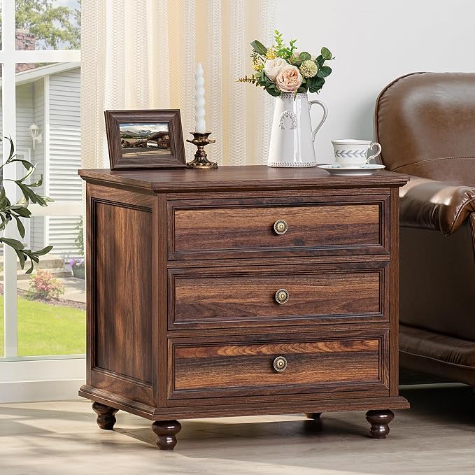 Joaxswe 24" Wide Farmhouse Night Stand Set of 2,Large End Table with 3 Drawers & Metal Handle,Wood Dresser for Bedroom,Bed Side Table Chest of Drawers Cabinet,Brown Nightstand for Living Room,Closet - Image 7