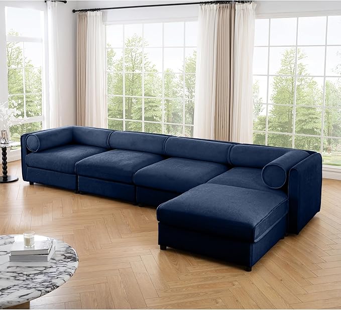 KEIKI 143" L-Shaped Modular Chenille Sectional Sofa with Storage Seat, 1 Ottoman, Modern 4-Seater Couch with Cylindrical Backrest and Armrests, Easy Assembly, for Apartment, Living Room, Blue