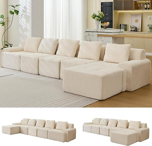 Modular Sectional Sofa, 6 Seat Modular Couch, Modular Sofa with Deep Seat and Detachable Pillow (White, 6 Pieces-L Shape)