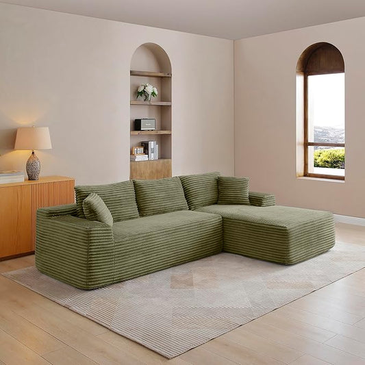 105-Inch L-Shaped Right Facing Corner Compressed Sofa Modular Sectional Boneless Cloud Sofa Floor Foam Couch with Chaise Lounge, Corduroy Corner Boneless Cloud Couch