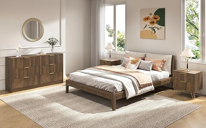 Walnut Dresser and Nightstand Sets, 6 Drawer Dresser Set for Bedroom 3 Piece, 55” Wide Fluted Wood Dressers W/Metal Handle & Night Stand Set of 2, Modern Bedroom Furniture Sets, Walnut