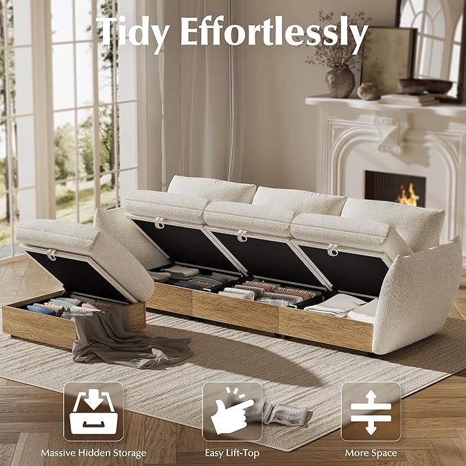 L Shaped Cloud Couch Sectional Modular Sofa with Storage, Cotton and Linen Fabrics Modern Oversized Deep Seat Sofa with Armrest Pillow, Easy Assembly for Living Room, Apartment, Ivory