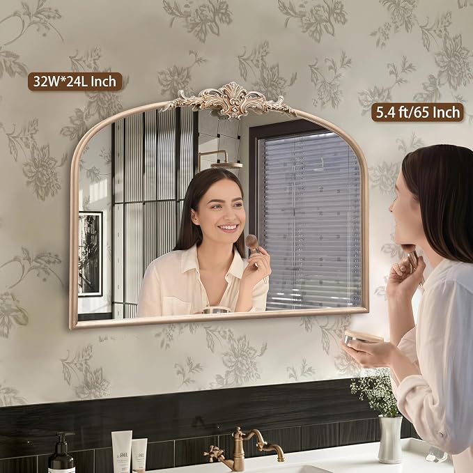 Besdomus Arched Vintage Gold Mirror: 32"x24" French Large Champagne Gold Antique Wall Mounted Mirror - Baroque Traditional Ornate for Fireplace/Bathroom/Living Room - Wall Decor for Fashion-Conscious - Image 2