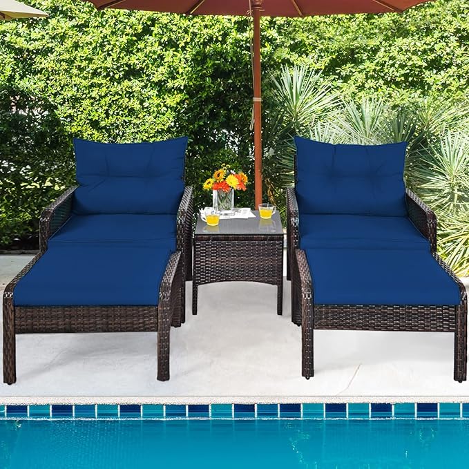 HAPPYGRILL 5 Pieces Patio Furniture Set Outdoor Rattan Wicker Conversation Set with Coffee Table Cushioned Sofas and Ottoman Chat Set for Garden Backyard