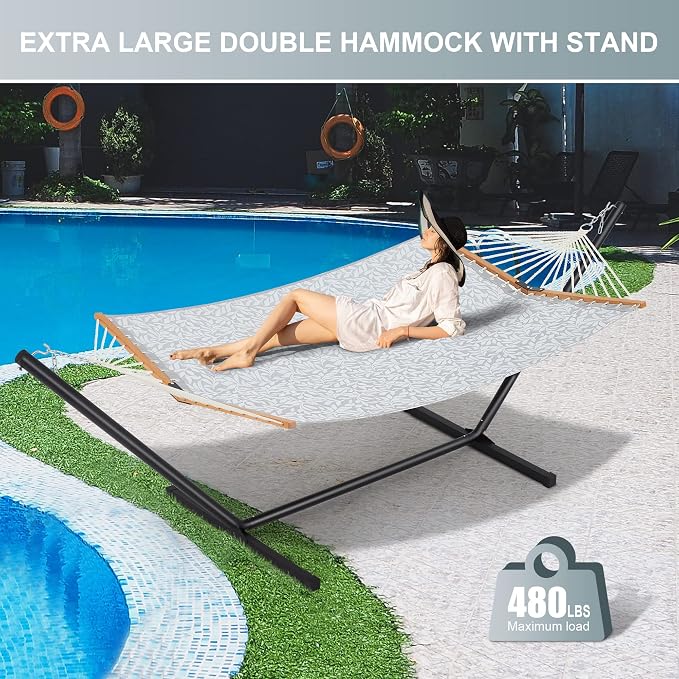 Homgava Two Person Hammock with Stand for Outside Heavy Duty, Outdoor Patio Hammock with Portable Steel Stand, Large Double Hammocks with Quick Dry Textilene Fabric,480lbs Capacity.(Grey White) - Image 2
