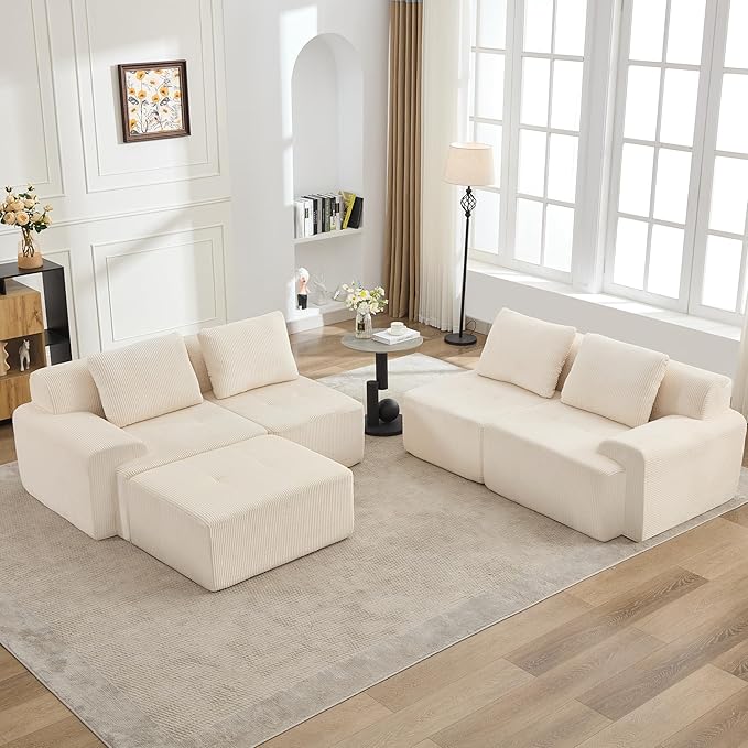 KIGOTY Modular Sectional Sofa Set, 5 PCS Comfy Cloud Sectional Couch with Deep Seat, Sleeper Sofa Bed with Ottoman, Modern Boneless Couch for Living Room, No Assembly Required,White