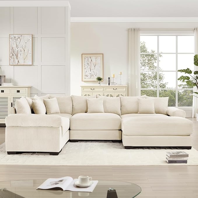 KEIKI 117" U-Shaped Oversized Corduroy Modular Cloud Sectional Sofa with 1 Ottoman, High-Density Foam Cushion, Extra-Thick Armrest, 4-Seater Fluffy Corner Couch with 14 Pillow, for Living Room, Beige