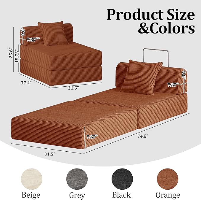 HouseMila Sofa Bed Couch,Convertible Boneless Couch Compressed Chair Comfy Boneless Chair Floor Lounge Chair with Pillow,No Assembly Folding Sofa Beds for Living Room Bedroom Guest Room(Single,Orange