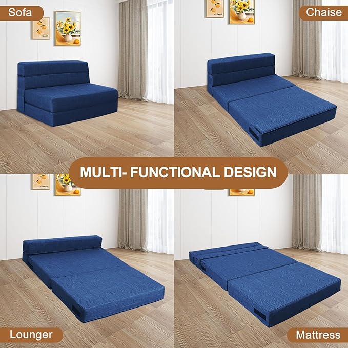 60 Inch Folding Sofa Couch Memory Foam with Pillow Convertible Sleeper Mattress Futon Lazy for Living Room, Washable Cover, Queen Size, Dark Blue