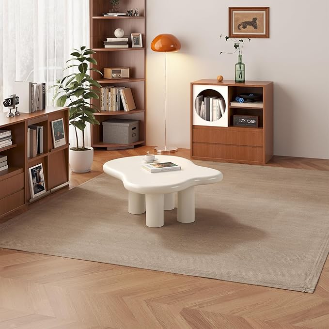Guyii 35.43" Cloud Coffee Table, Cream White Coffee Table for Living Room, Cartoon Irregular Indoor Tea Table, Modern End Table with 4 Legs
