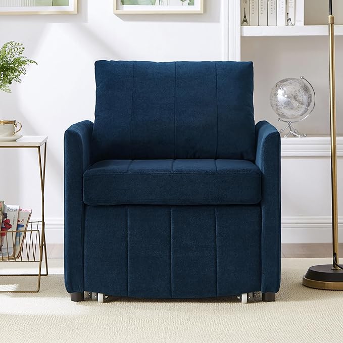 Merax Convertible Chair Bed with a Storage Basket, 3-in-1 Pull Out Sleeper Couch with 5-Position Adjustable Backrest, Linen Folding Sofa Bed for Living Room, Apartment Blue