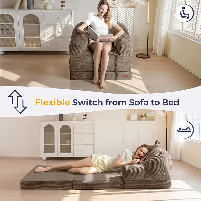 MAXYOYO Folding Sofa Bed with Backrest, Boneless Fold Out Couch Bed with Handle, 2 in 1 Convertible Bean Bag Chair to Floor Sofa Lounger, Comfy Folding Couch for Bedroom & Living Room, Brown