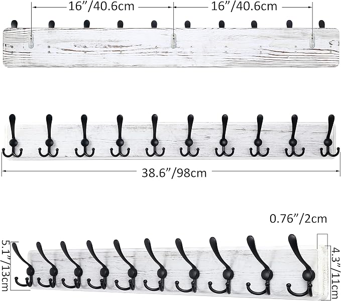 SKOLOO Coat Rack Wall Mounted - 38.3'' Long, Wooden, Heavy Duty, Rustic Coat Hooks for Wall, Wall Coat Rack with 10 Triple Hooks for Hanging Clothes, Jacket, Hat(Weathered White) - Image 5