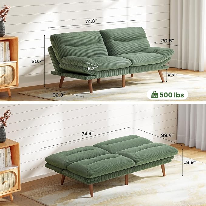 Marsail 74.8" Futon Sofa Bed, Corduroy Convertible Futon Couch with Adjustable Backrest & Armrests, Small Sleeper Sofa Loveseat for Small Apartments, Study Room, Office, Green