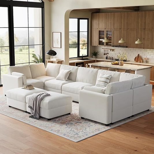 IDEALHOUSE 172" Modular Sectional Sofa, 9 Seater Sectional Couch, U-Shape Modern Sofa with Ottoman, Deep Seat, Oversized Convertible Modular Couch for Living Room Apartment Office, Chenille, Beige