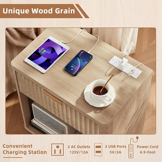 LEYAOYAO Fluted Nightstand with Charging Station, 23" Wide 1 Drawers Night Stand,Natural End Table with Open Storage,Farmhouse Bed Side Tables, Wood Dresser for Bedroom, Living Room, Closet - Image 6