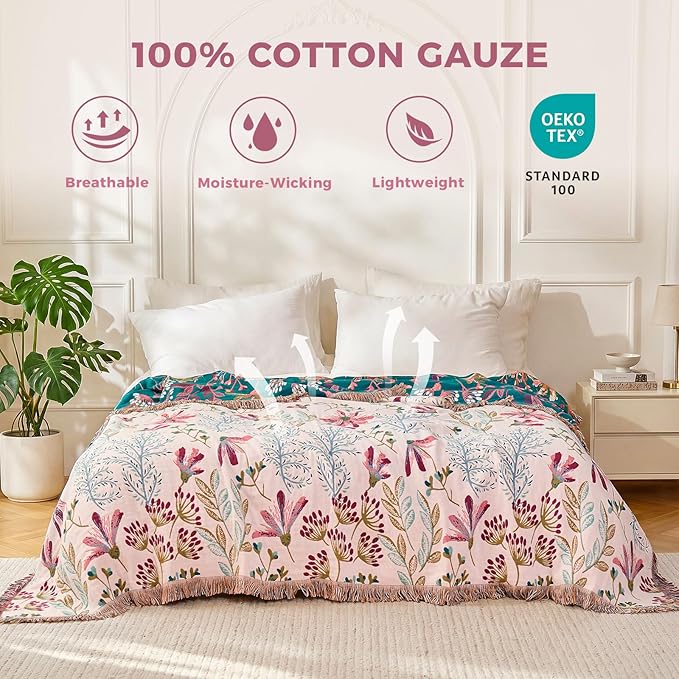 LUTBM Boho Throw Blanket for Bed Cotton Spring Blankets Bedroom Living Room Twin All Season Lightweight Floral Embroidery Quilt for Couch Sofa Chair 60"x80"