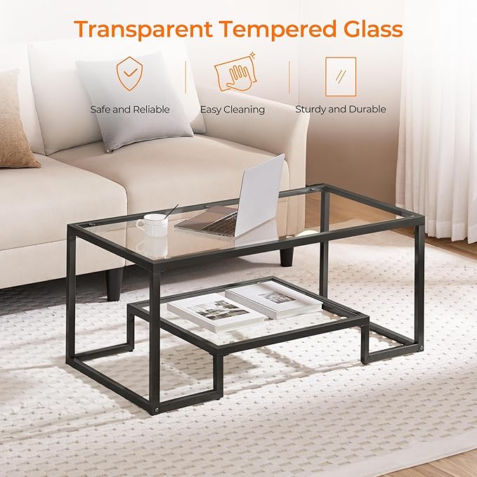 Yaheetech Coffee Table, Tempered Glass Coffee Table, Modern Simple Center Tables w/Geometric-Inspired Design & Metal-Frame & Easy Assembly & Open Storage Shelf for Living Room, Office, Black