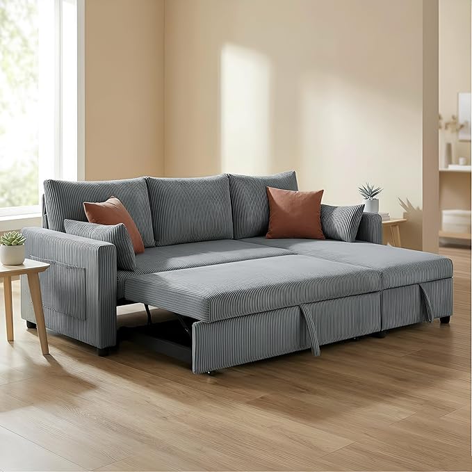 Queen Sleeper Sofa, Convertible Sofa Bed with Storage, 85 Inch Sectional Couch with Pull Out Bed, L Shaped 3 Seat Sectional Sleeper Sofa for Living Room, Apartment, Grey