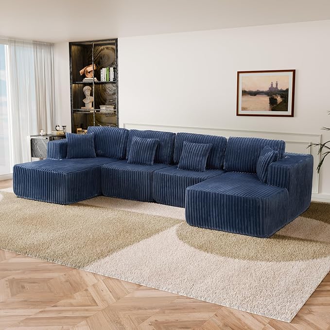 132" U Shaped Couch, Modular Sectional Sofa with Chaise, Corduroy U Shaped Boneless Couch with Deep Seat, Upholstered Modular Cloud Sofa for Living Room, No Assembly Required, Blue
