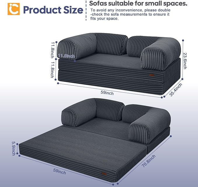 COMAX Convertible Folding Sofa Bed, Foldable Chair Bed Floor Futon Couch with Back Support, Comfy Corduroy Fold Out Mattress Sleeper for Living Room Bedroom