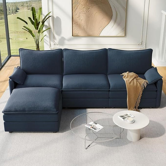 Vesgantti 108" Modular Sectional Sofa, Comfy Cloud Couch with Movable Ottoman Deep Seat Chenille L Shaped Modular Sofa, Sectional Couches for Living Room, Bedroom and Apartment, Blue