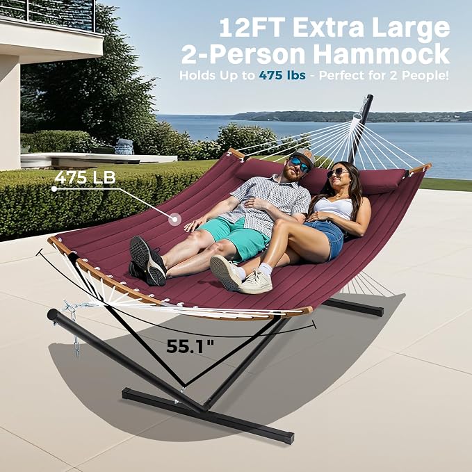 SUPERJARE Curved-Bar Hammock with Stand, 2 Person Heavy Duty Hammock Frame, Detachable Pillow & Portable Carrying Bag, Perfect for Outdoor & Indoor, Burgundy - Image 3
