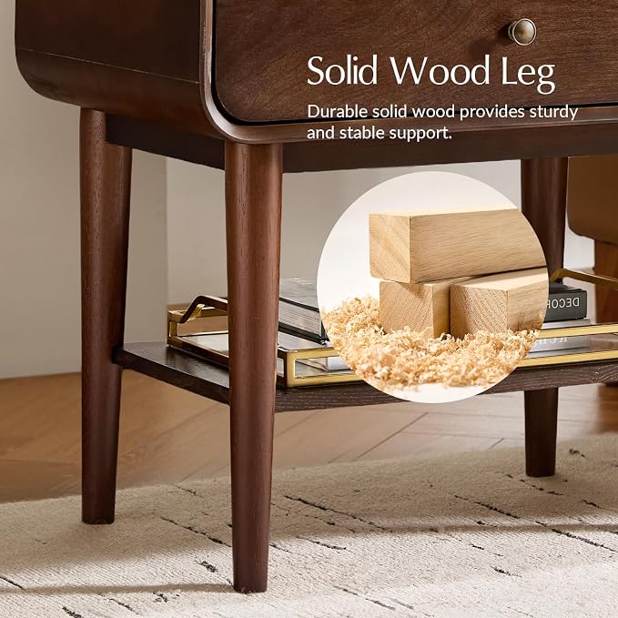 HULALA HOME Nightstand with Pull-Out Shelf, Mid Century Modern End Table with Storage Drawer, Charging Station, Solid Wood Legs, Walnut - Image 7