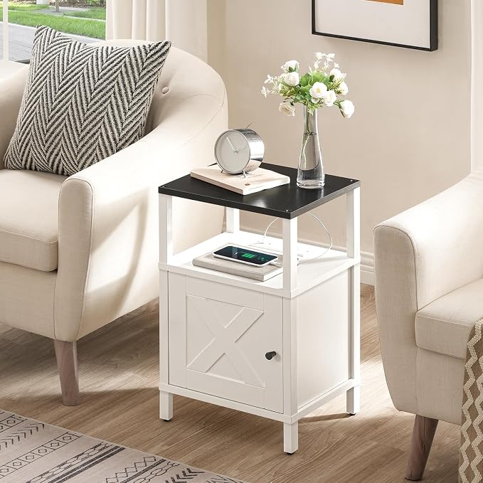 MAHANCRIS Set of 2 Farmhouse Nightstand with Charging Station, Black Bedside Table with USB & Type-C Ports, End Table with Storage and Open Shelf, White Night Stand for Bedroom, ETBW96E01S2 - Image 2