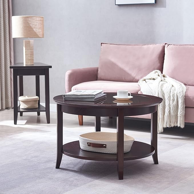 Leick Home Sheldon Coffee Table, Solid Wood, Round, with Glass Top and Shelf, Chocolate Oak, 10037