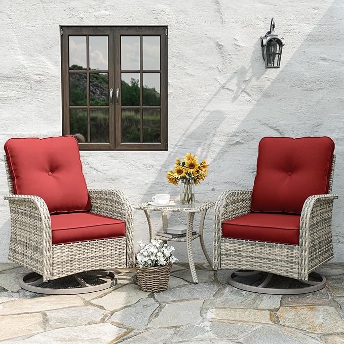 6-Piece Patio Rocking Swivel Chair Outdoor Wicker Rattan Bistro Set with Tempered Glass Side Table, Outdoor Patio Furniture Set for Garden, Deck, and Balcony, Red