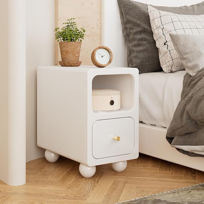 Solid Wood Night Stand, Narrow Nightstand with Drawers, White Mid Century Modern Nightstand, Small Beside Table with Open Storage Shelf for Bedroom (10 inch) - Image 4