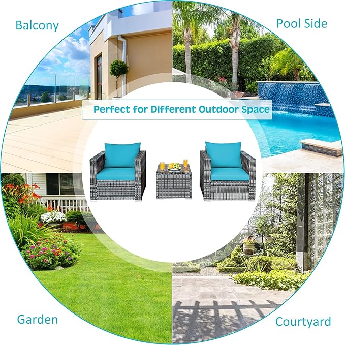 Tangkula 3 Pieces Patio Furniture Set, PE Rattan Wicker Sofa Set w/Washable Cushion and Tempered Glass Tabletop, Outdoor Conversation Furniture for Garden Poolside Backyard