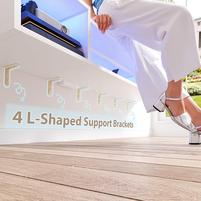 55.1"W Floating TV Stand with LED Lights & Power Outlets for 50 55 60 65 Inch TV Wall Mounted Entertainment Center with Storage for Living Room Wood Media Console Shelf White TV Shelf Wood for Bedroom - Image 5