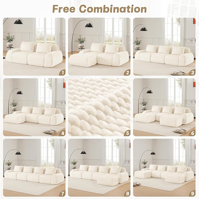 114" U-Shaped Compressed Sectional Cloud Sofa, Flannel Upholstered Modular Deep Seat Sofa with 5 Pieces, Symmetrical Boneless Foam Modular Cloud Couches for Living Room