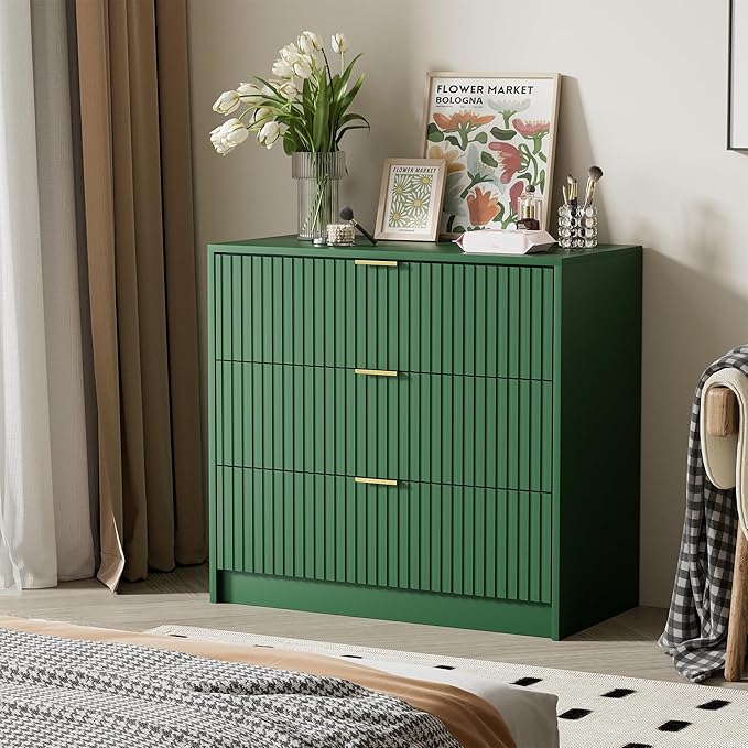 Furniway Green Dresser Bedroom Set 3 Pieces, Nightstands Sets of 2, 5 Drawer Dresser with Gold Handles for Bedroom