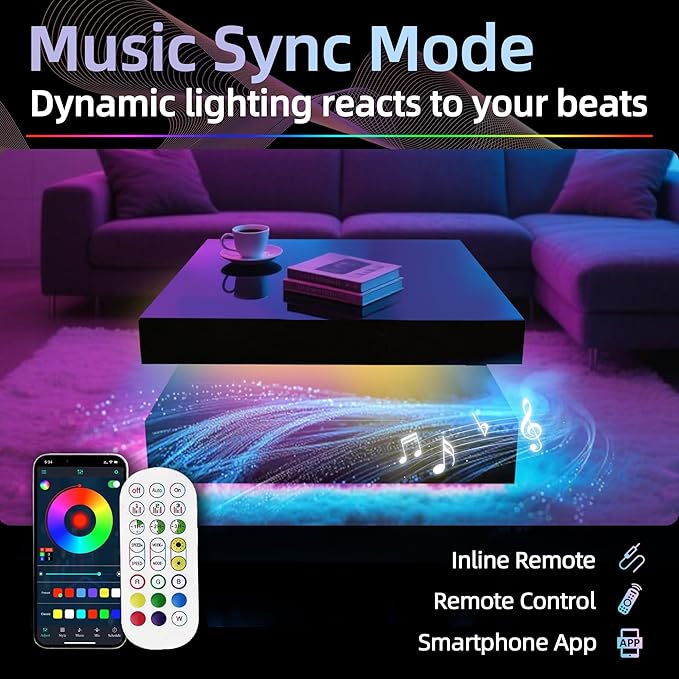 LED Coffee Table for Living Room, 2-Tier Modern Square Center Table with Music Sync Lights, High Gloss Surface, 30 3/4" x 30 3/4" (Black)