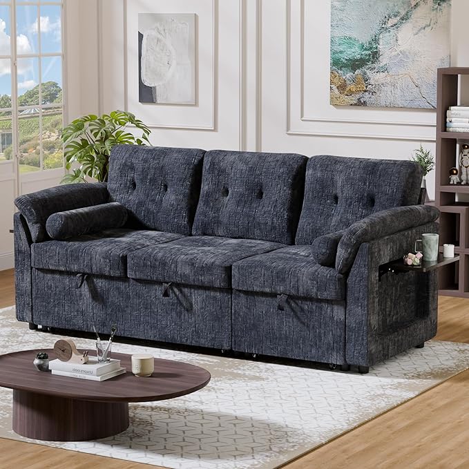 Convertible Queen Sofa Bed, 63 Inch Chenille Pull Out Couch with Side Table, 3 Seat Pull Out Sofa Bed with Level Adjustable Backrest, Comfy Sleeper Sofas for Living Room, Apartment, Blue