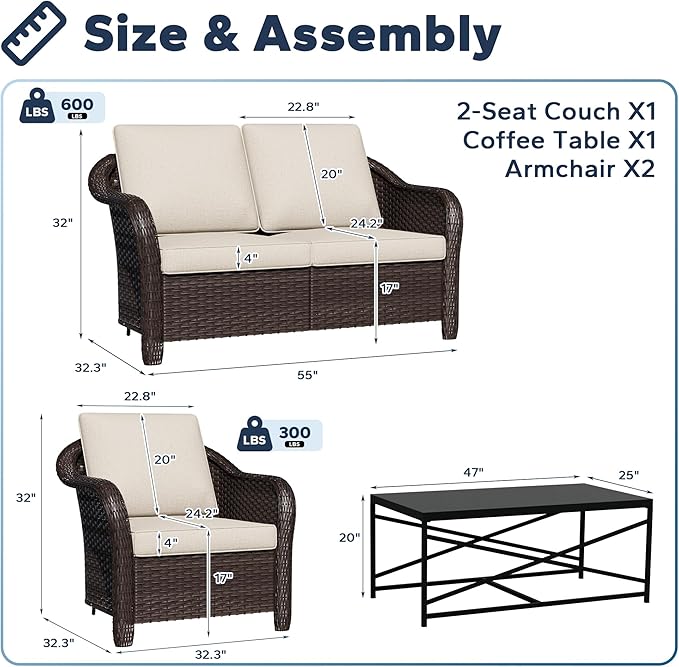 4 Pieces Outdoor Conversation Furniture Set, 55" Patio Couch，47" Metal Coffee Table, 2 Chairs, Rattan Wicker Sofa with Removable Cushions for Bistro, Deck (Beige)