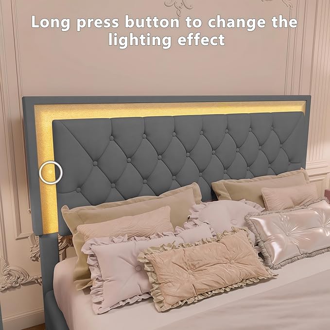 Flieks Bedroom Sets, 3-Pieces Bedroom Sets, Queen Size Upholstered Platform Bed with LED Lights and 2 Nightstands, Gray