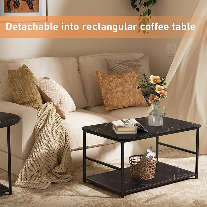 WOHOMO Coffee Table, Black Modern Coffee Tables for Living Room 2 in 1 Detachable Small Center Table Set with Storage, Black Marble