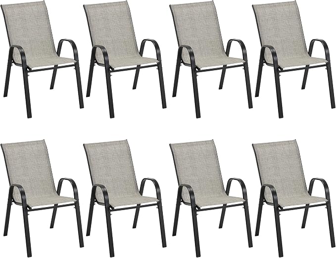 HOMREST Patio Chairs Set of 8,Outdoor Dining Chairs with Armrests,Backyard Stackable Chairs with Breathable Fabric & Metal Frame for All Weather, Grey by HOMREST